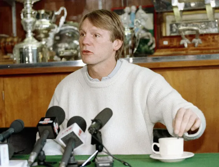 Framed Print : Stuart Pearce of Nottingham Forest pictured at a press conference as he announces his Framed Print : Stuart Pearce of Nottingham Forest pictured at a press conference as he announces his