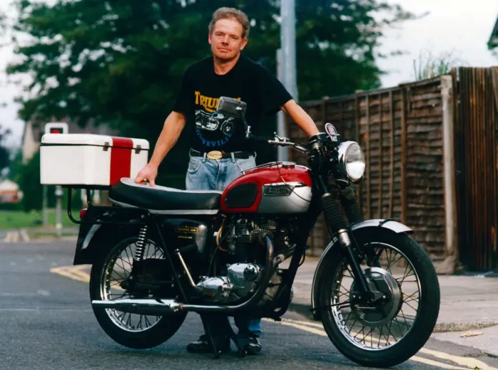 Framed Print : Stuart is pictured with the 1968 Triumph Trophy 650 Twin which he hopes will be joined by Framed Print : Stuart is pictured with the 1968 Triumph Trophy 650 Twin which he hopes will be joined by
