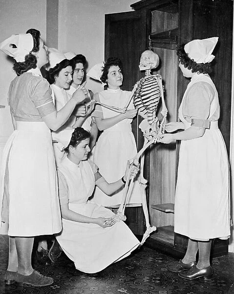 Student Nurses at a training school in Brighton with the skeleton of a woman which they