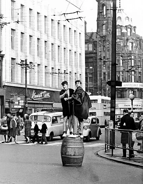 Students do a barrel dance during rag week in Newcastle in October 1963