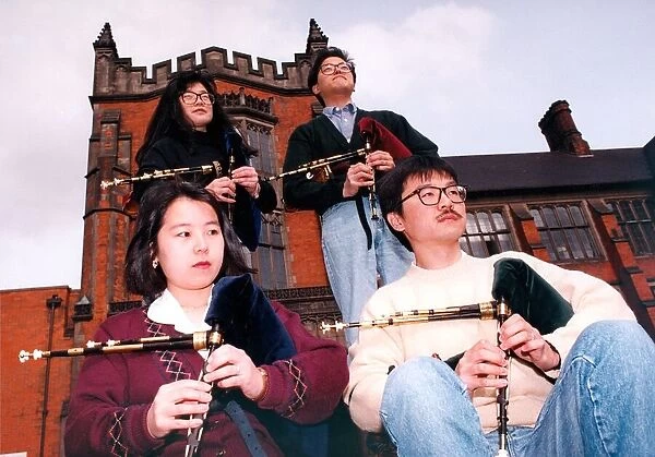Students from Japan are learning to play the Northumberland Pipes in April 1995