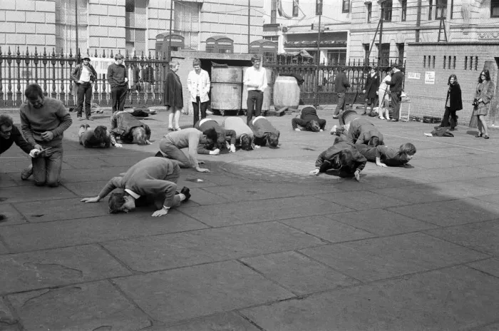 Framed Print : Students and young people taking part in a pea pushing contest for the charity Framed Print : Students and young people taking part in a pea pushing contest for the charity