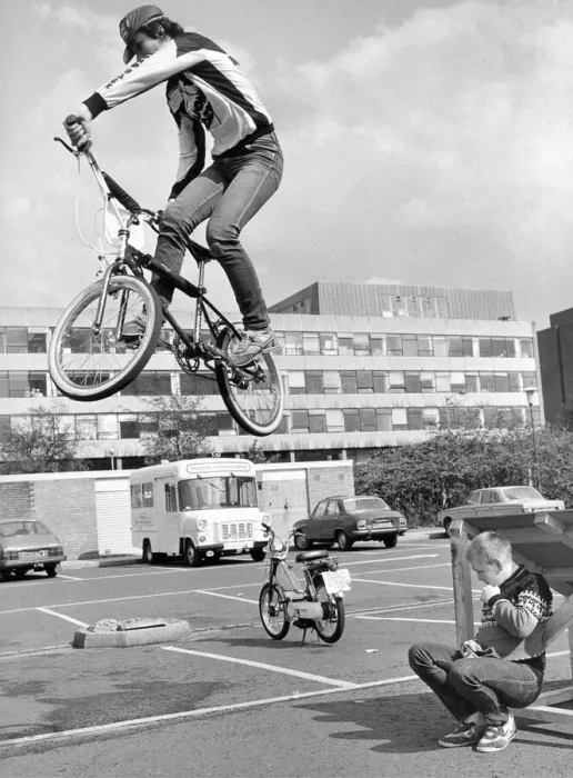 Framed Print : Stunt rider Andrew Bell of Team conway BMX team leaps over fellow club member Mark Taylor