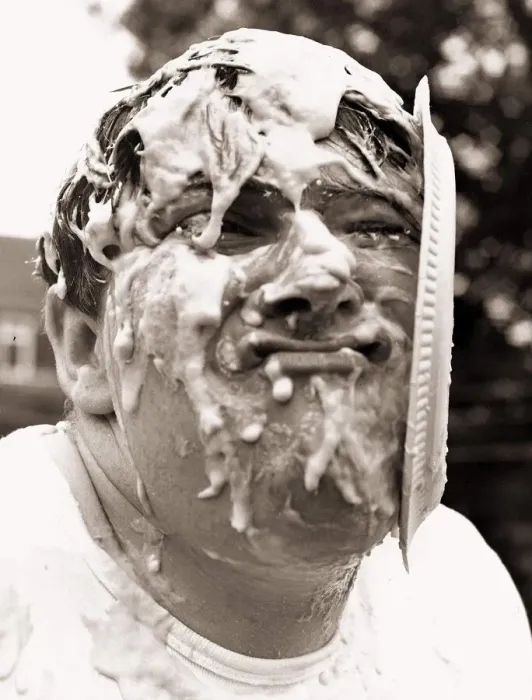 Framed Print : Stunts comedian Johnny Kay gets custard pie in face attemping the world record of 500 Framed Print : Stunts comedian Johnny Kay gets custard pie in face attemping the world record of 500
