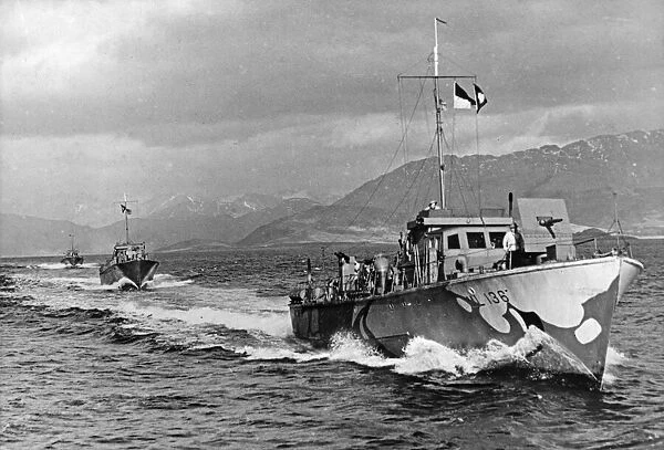 Submarine Chasers and Anti-E-boat craft seen here on exercise at full speed on Loch