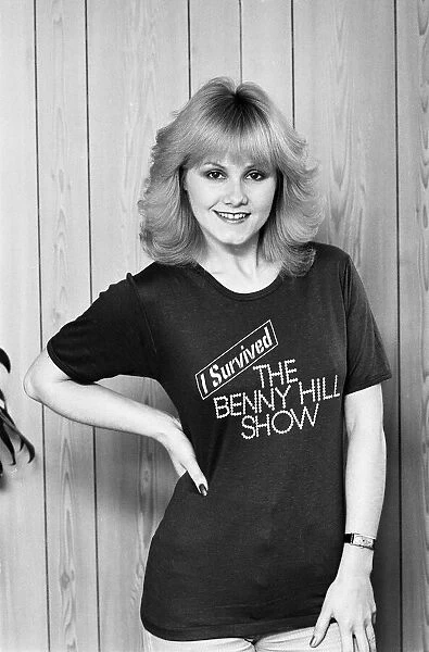 Sue Upton, model and actress, December 1978. Studio pix wearing tshirt '