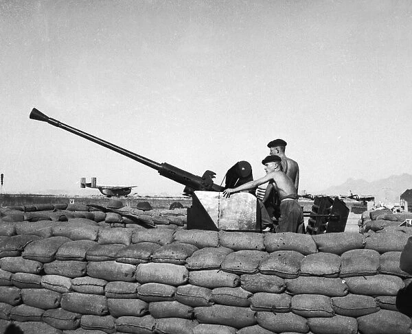Suez Crisis 1956 On a British airbase in Cyprus the crew of an anti aircraft gun