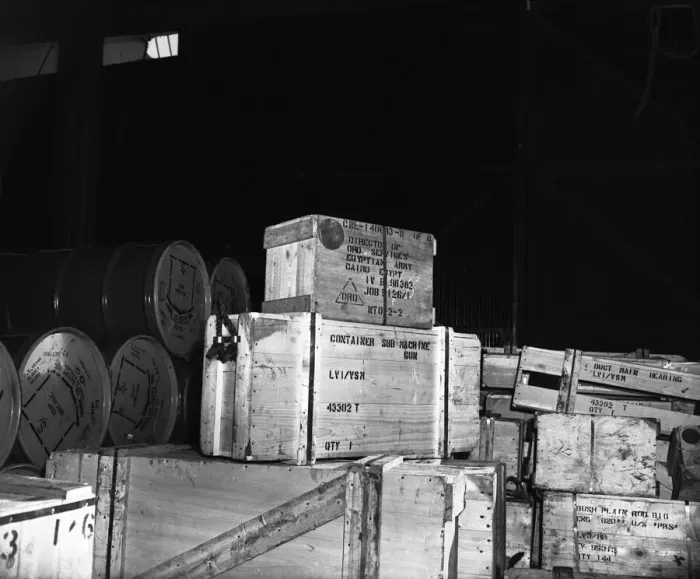 Framed Print : Suez Crisis 1956 British arms waiting to be shipped to Egypt for the Egyptian Army Framed Print : Suez Crisis 1956 British arms waiting to be shipped to Egypt for the Egyptian Army
