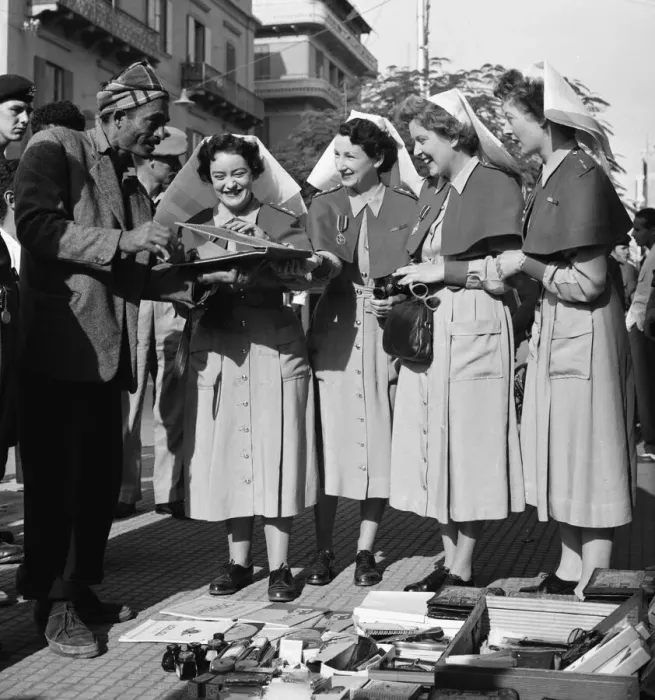 Framed Print : Suez Crisis 1956 British Army nurses shopping in in Port Saids main street Framed Print : Suez Crisis 1956 British Army nurses shopping in in Port Saids main street