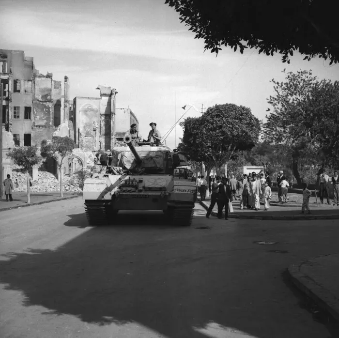 Framed Print : Suez Crisis 1956 A Centurion tank lends support to Commando troops who are carrying