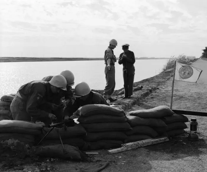Framed Print : Suez Crisis 1956 Danish UNO troops on the Suez canal set up a machine gun Framed Print : Suez Crisis 1956 Danish UNO troops on the Suez canal set up a machine gun