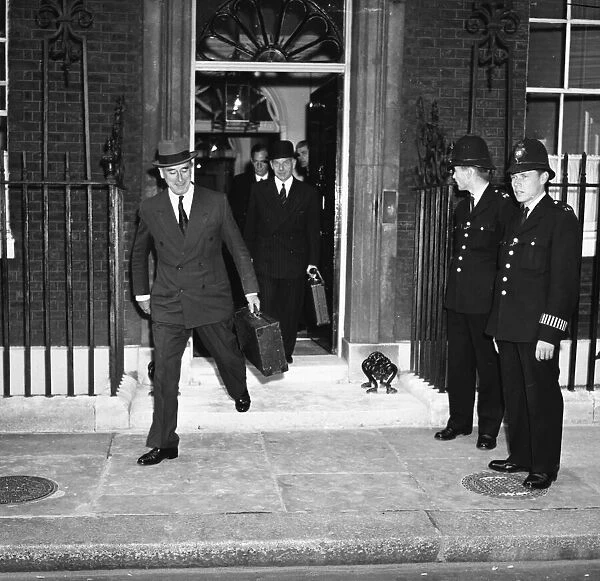 Suez Crisis 1956 Downing Street scenes. Unidentified individuals leaving Downing