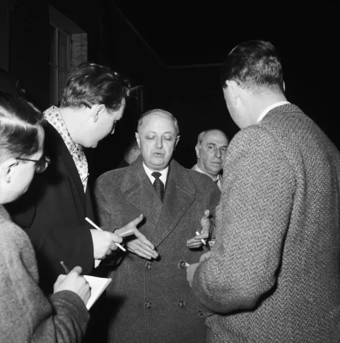 Framed Print : Suez Crisis 1956 The French Foreign Minister Mr Christian Pineau talks to reporters