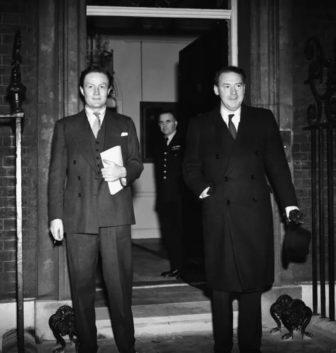 Framed Print : Suez Crisis 1956 Hugh Gaitskell and Kenneth Younger at 10 Downing Street to talk to Framed Print : Suez Crisis 1956 Hugh Gaitskell and Kenneth Younger at 10 Downing Street to talk to
