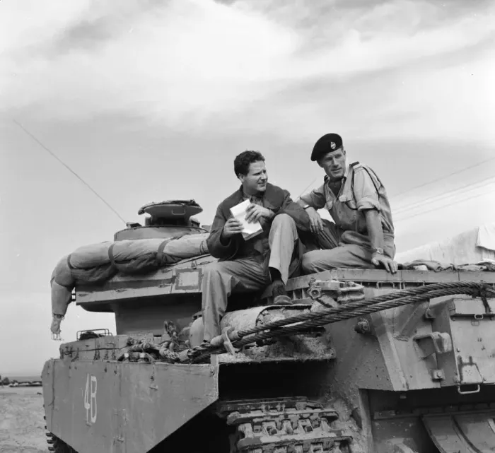 Framed Print : Suez Crisis 1956 Journalist Victor Sims chats to a tank commander