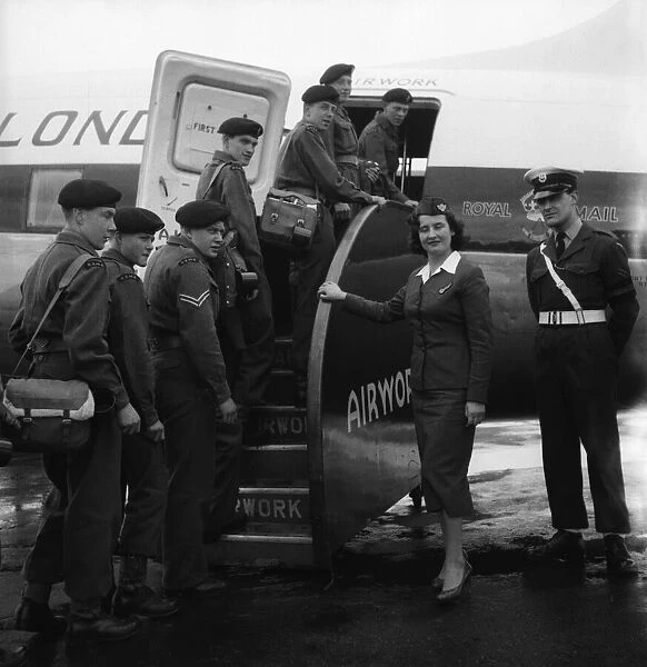 Suez Crisis 1956 Men of the R. E. M. E board a Viking plane at Blackbushe Airport