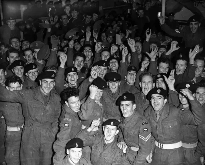 Framed Print : Suez Crisis 1956 Reservists who were called up for the crisis celebrate their