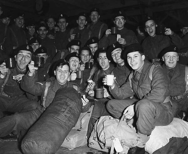 Suez Crisis 1956 Troops aboard the Empire Fowey at Southhampton enjoy a cup of tea