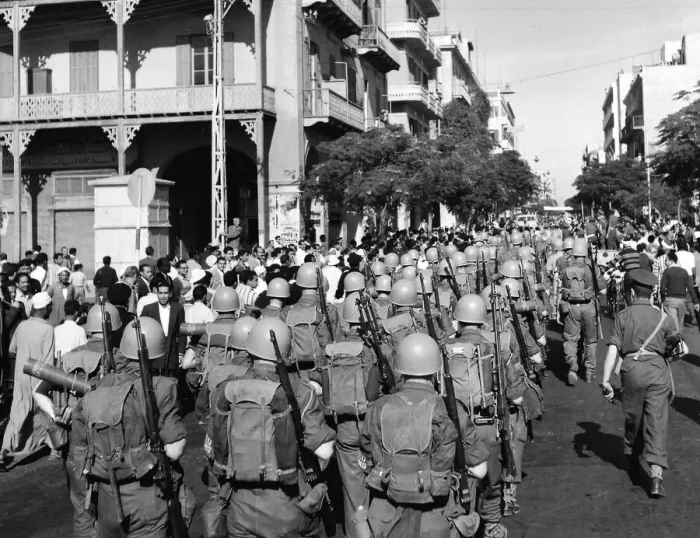 Framed Print : Suez Crisis 1956 United Nations troops march into Port Said past a restless Framed Print : Suez Crisis 1956 United Nations troops march into Port Said past a restless