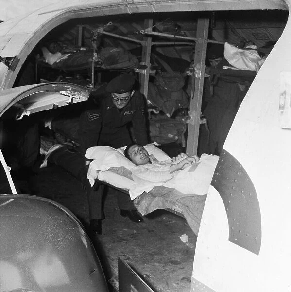 Suez Crisis 1956 Wounded British soldiers arrive in an ambulance aircraft at