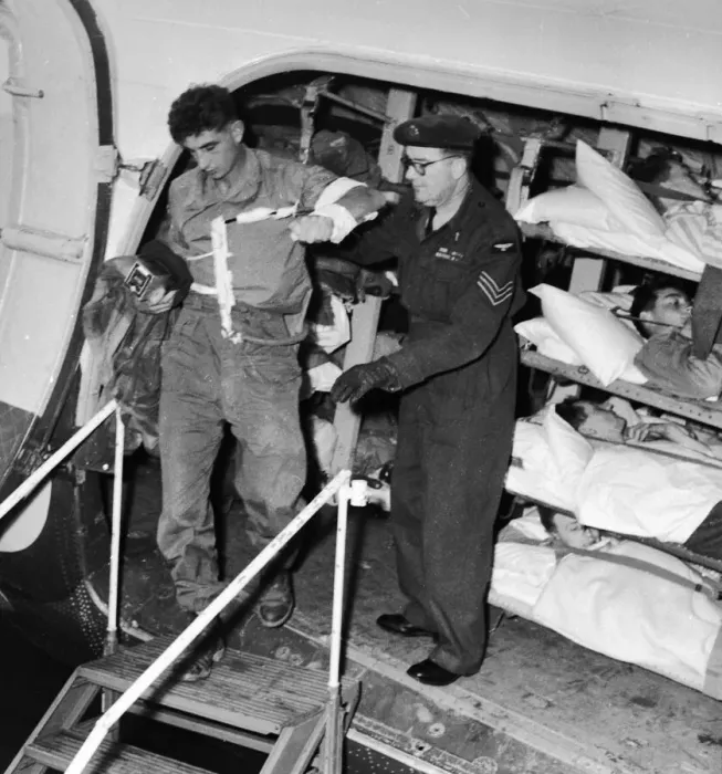Framed Print : Suez Crisis 1956 Wounded British soldiers arrive in an ambulance aircraft