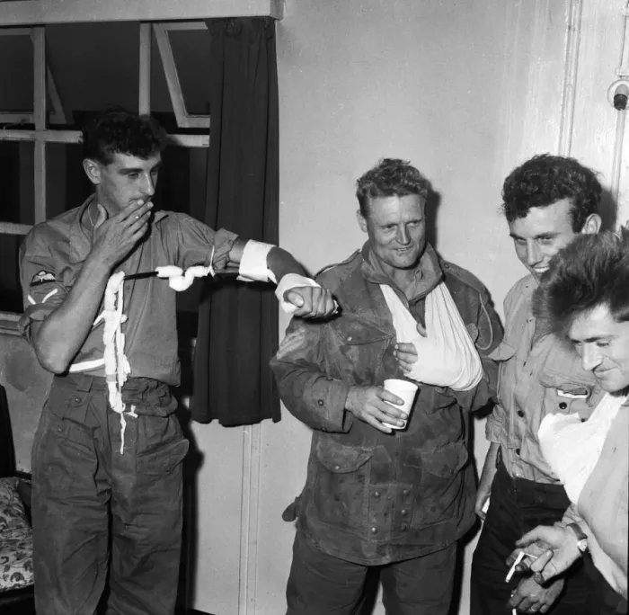 Framed Print : Suez Crisis 1956 Wounded British soldiers at Lyneham airfield relax after their Framed Print : Suez Crisis 1956 Wounded British soldiers at Lyneham airfield relax after their