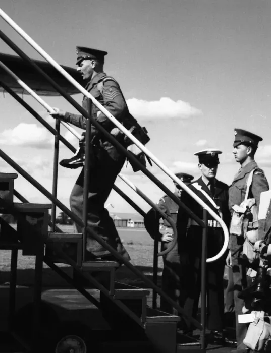 Framed Print : Suez Crsis 1956 Grenadier Guards at Blackbushe airport boarding a Hermes airliner Framed Print : Suez Crsis 1956 Grenadier Guards at Blackbushe airport boarding a Hermes airliner