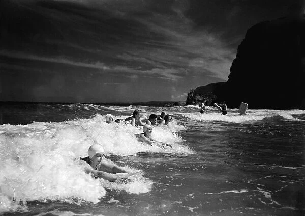 The Summer of 1934. Friends enjoying body surfing on a north Cornish beach Circa