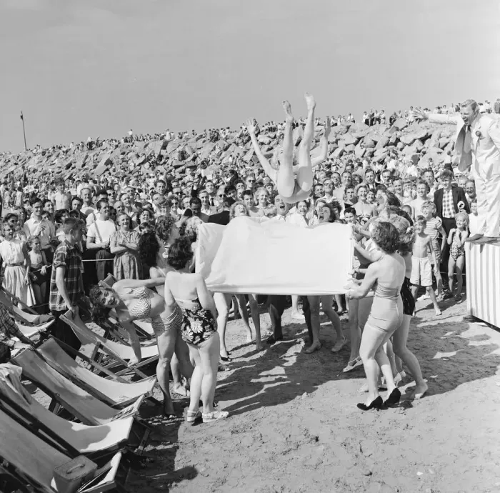 Framed Print : Sunday Pictorial 1957 Beach Party. Angela Manselle seen here being giving the bumps