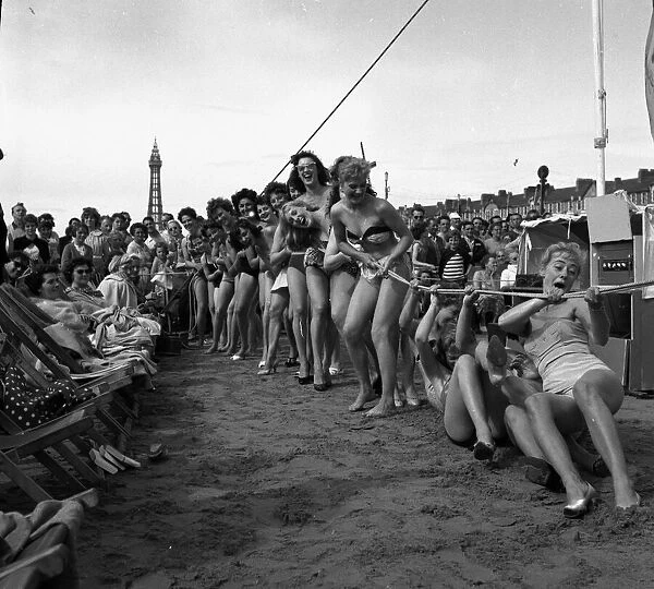 Sunday pictorial beach contest at Blackpool. Competitors take part in a game of tug o war