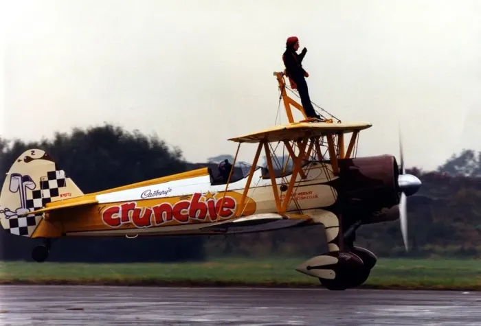 Framed Print : Sunday Sun reporter, Tamzin Lewis, tries her hand at wing walking on the Cadbury Framed Print : Sunday Sun reporter, Tamzin Lewis, tries her hand at wing walking on the Cadbury