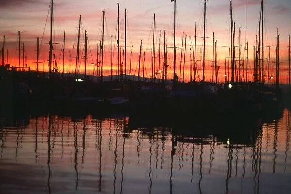Sunset view overlooking yacht harbour Sheppards Marina, Gibraltar. circa 1970s