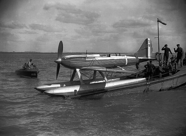 A Supermarine S6B Seaplane powered by a Rolls Royce engine seen here being prepared for