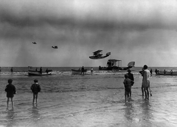 Supermarine Southampton flying boats seen during a flying display off the beaches of