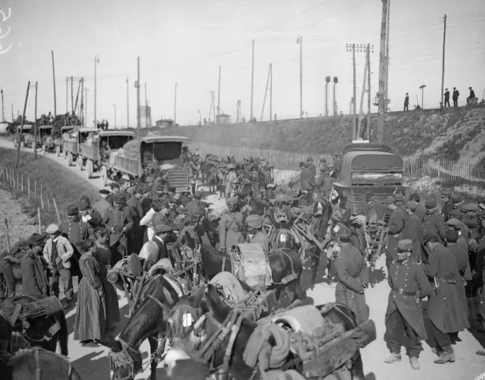 Framed Print : Supply train of the 3rd Lahore Division seen here passing French troops after leaving Framed Print : Supply train of the 3rd Lahore Division seen here passing French troops after leaving
