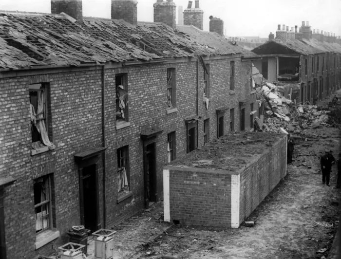 Framed Print : The surface street air raid shelters stand intact following a German raid on the North Framed Print : The surface street air raid shelters stand intact following a German raid on the North