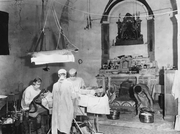 Framed Print : Surgeons operating at a chapel at a monastery in Sicily. 15th August 1943 Framed Print : Surgeons operating at a chapel at a monastery in Sicily. 15th August 1943