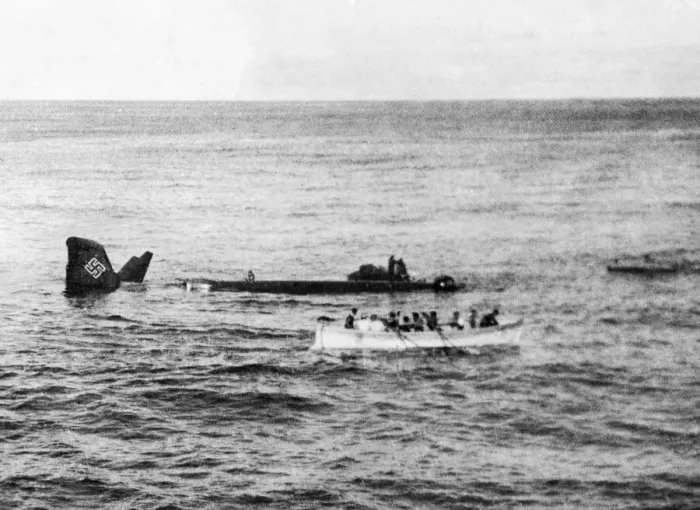 Framed Print : Survivors of a German Focke Wulf plane which was shot down are picked up by the boat Framed Print : Survivors of a German Focke Wulf plane which was shot down are picked up by the boat