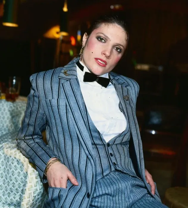 Framed Print : Suzanne Danielle actress March 1982 wearing grey black striped suit white shirt Framed Print : Suzanne Danielle actress March 1982 wearing grey black striped suit white shirt