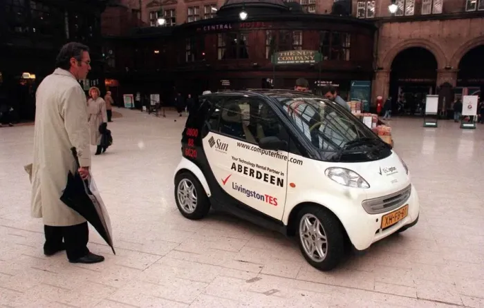Framed Print : Swatch smart car in Glasgow Central Station January 1999 Framed Print : Swatch smart car in Glasgow Central Station January 1999