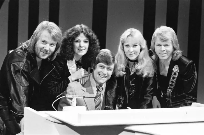 Framed Print : Swedish pop group Abba seen here with Mike Yarwood. December 1978 Framed Print : Swedish pop group Abba seen here with Mike Yarwood. December 1978