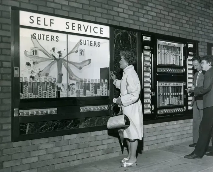 Framed Print : Sweets, food, cigarettes and even nylons can be bought from these automatic retailing