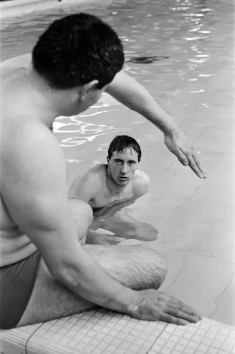 Framed Print : Swimmer Bobby Lord (in pool) with coach Graham Symonds. 8th November 1965 Framed Print : Swimmer Bobby Lord (in pool) with coach Graham Symonds. 8th November 1965
