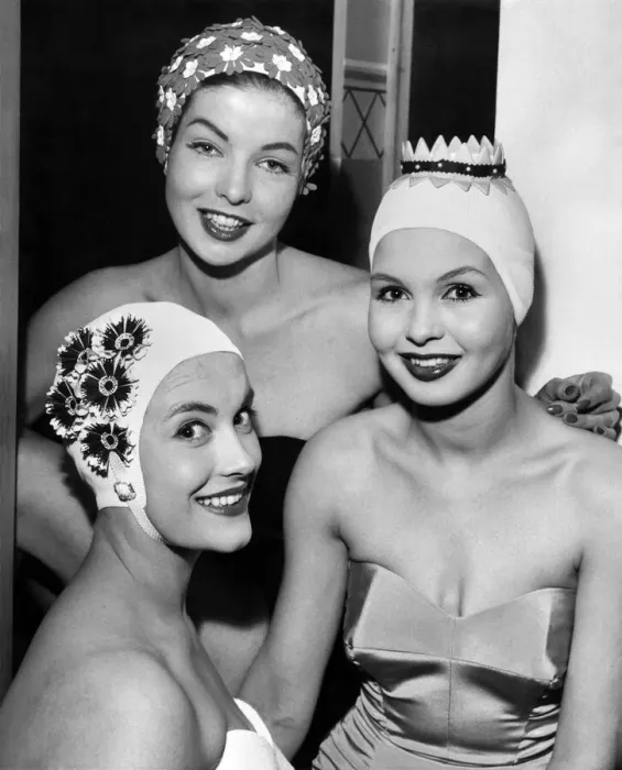 Framed Print : A swimming cap show took place today at the Waldorf Hotel showing Kleinerts bathing caps