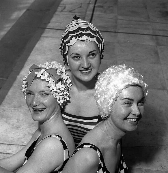 Swimwear Fashion Bathing Caps 1964 Pictures taken in Blackpool Three women in a