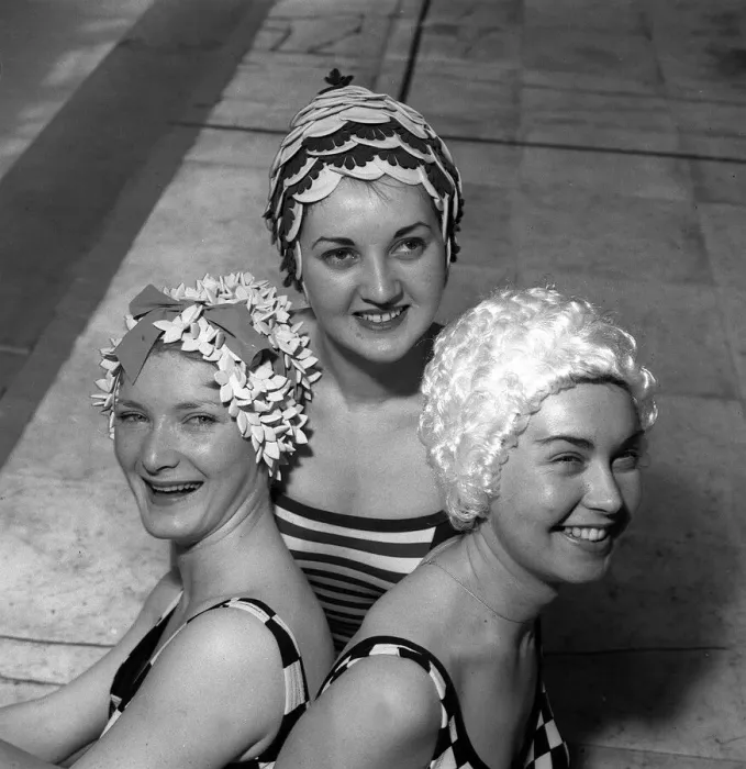 Framed Print : Swimwear Fashion Bathing Caps 1964 Pictures taken in Blackpool Three women in a