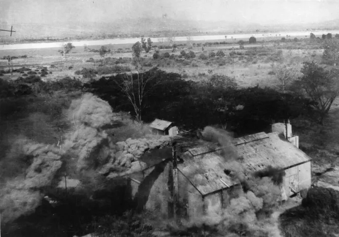 Framed Print : Taken during an attack by Bristol Beaufighter on an oil pump house at Kanhla