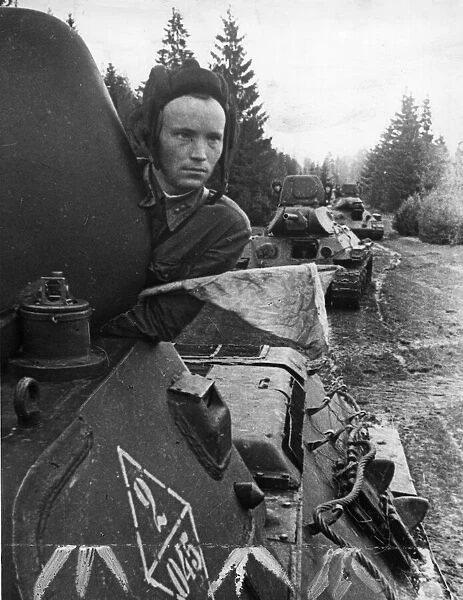 A tank column of the Soviet Red Army makes its way to the front lines during the battle