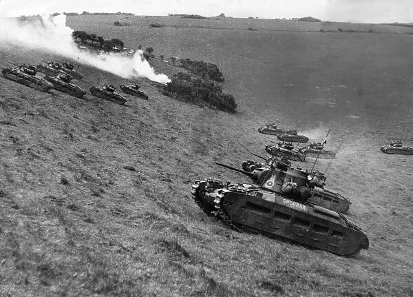 Tank exercises in South Eastern England. Tanks are seen climbing an extremely precipitous