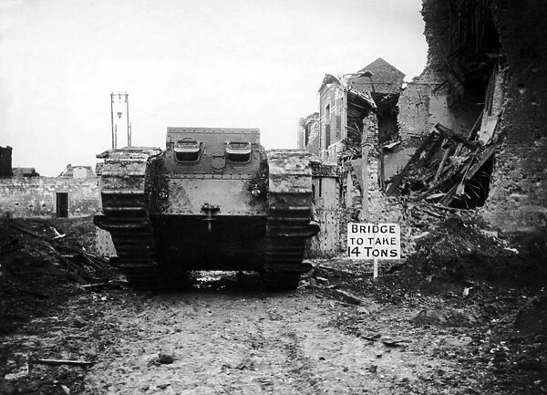 A tank making its way up to the front during the Battle of Cambrai 21 November 1917